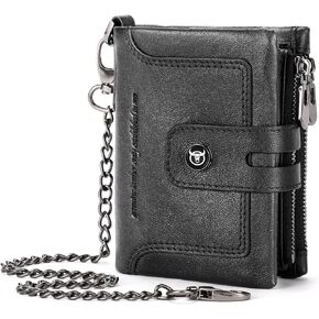 BULLCAPTAIN Bifold Mens Wallet with Chain Genuine Leather RFID Blocking Wallets Removable Zipper Coin Purse with ID Window (yellowish brown)