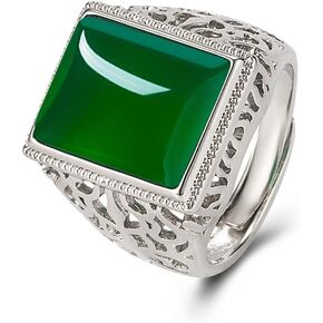 QUSIIOSLK Vintage Turquoise Ring 925 Sterling Silver Natural Green Agate Stone Ring Boho Hollow Square Cut Gemstone Band Handmade Open Ring Adjustable Jewelry Gift for Women Men