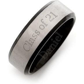 Engravable Brushed Silver and Black Tungsten Men's Graduation Class Ring (ring sizes 9 to 13) - Personalized Class Ring for Men -Custom Engraved Men's Rings - Graduation Gift for Him