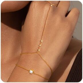 Gold Hand Chain Bracelet Stack Set for Women, 14K Gold Dainty Beaded Finger Ring Bracelets for Womens, Trendy Non Tarnish Chain Rings Bracelet Boho Jewelry Gifts Fashion Accessories