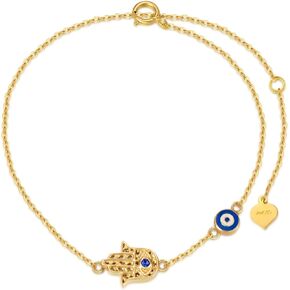 SISGEM 14K Real Gold Hamsa Hand Bracelet for Women,Yellow Gold Evil Eye Dangle Bracelets Lucky Protection Jewelry for Her, Wife Mom 6.5"-8.5''