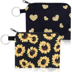 Giantree 2 Pcs Sunflowers Coin Purse, Cute Coin Purse for Women Fabric Coin Pouch with Key Ring, Zipper Heart Coin Bag Sunflower Black Canvas Purse Pouch Travel Portable Wallet for Women