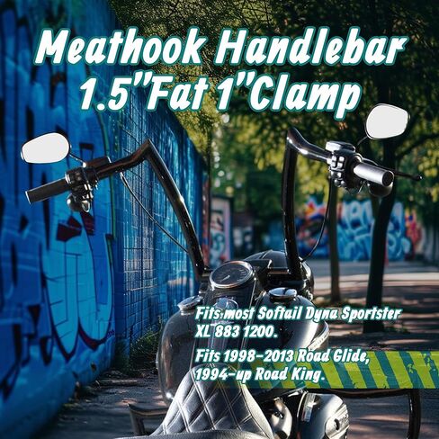 MoKitDora Sportster Dyna Softail 12" Rise Ape Hangers 1.5" Fat 1" Clamp Meathook Handlebar Z Bars for Harley XL 883/1200,1994-up Road King & 1998-2013 Road Glide، أسود لامع in Kuwait