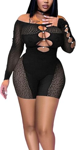 MOEENCN Sexy Off Shoulder Jumpsuit for Women Summer Sheer Mesh Bodycon Leopard Long Sleeve Rompers Party Club Streetwear in Saudi Arabia