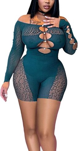 MOEENCN Sexy Off Shoulder Jumpsuit for Women Summer Sheer Mesh Bodycon Leopard Long Sleeve Rompers Party Club Streetwear in Saudi Arabia