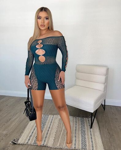 MOEENCN Sexy Off Shoulder Jumpsuit for Women Summer Sheer Mesh Bodycon Leopard Long Sleeve Rompers Party Club Streetwear in Saudi Arabia