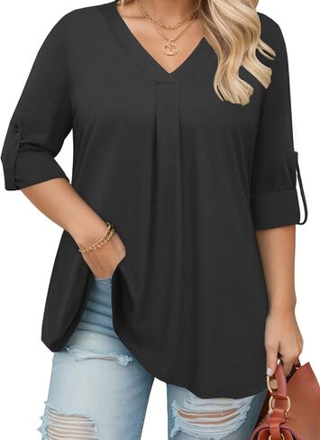 VISLILY Womens-Plus-Size-Dressy-Tops Casual V Neck T Shirts Cute Buttons Roll Up 3/4 Sleeves Tunics Flowy Pleated Blouses in Kuwait