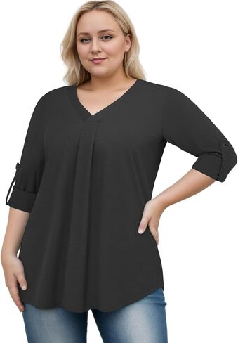 VISLILY Womens-Plus-Size-Dressy-Tops Casual V Neck T Shirts Cute Buttons Roll Up 3/4 Sleeves Tunics Flowy Pleated Blouses in Kuwait