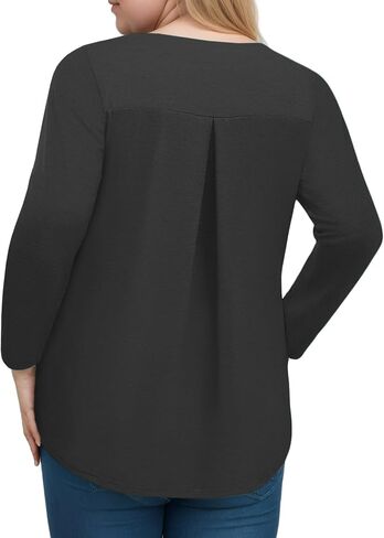 VISLILY Womens-Plus-Size-Dressy-Tops Casual V Neck T Shirts Cute Buttons Roll Up 3/4 Sleeves Tunics Flowy Pleated Blouses in Kuwait