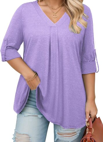 VISLILY Womens-Plus-Size-Dressy-Tops Casual V Neck T Shirts Cute Buttons Roll Up 3/4 Sleeves Tunics Flowy Pleated Blouses in Kuwait