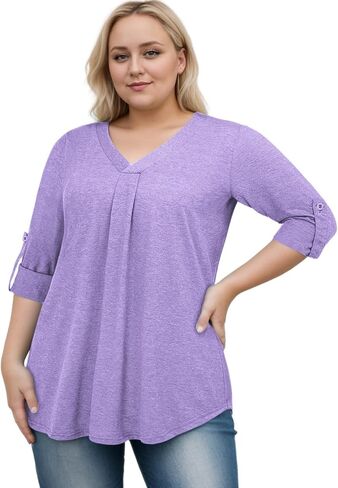 VISLILY Womens-Plus-Size-Dressy-Tops Casual V Neck T Shirts Cute Buttons Roll Up 3/4 Sleeves Tunics Flowy Pleated Blouses in Kuwait
