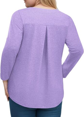 VISLILY Womens-Plus-Size-Dressy-Tops Casual V Neck T Shirts Cute Buttons Roll Up 3/4 Sleeves Tunics Flowy Pleated Blouses in Kuwait