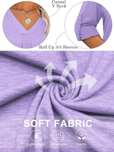 VISLILY Womens-Plus-Size-Dressy-Tops Casual V Neck T Shirts Cute Buttons Roll Up 3/4 Sleeves Tunics Flowy Pleated Blouses in Kuwait