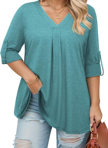 VISLILY Womens-Plus-Size-Dressy-Tops Casual V Neck T Shirts Cute Buttons Roll Up 3/4 Sleeves Tunics Flowy Pleated Blouses in Kuwait