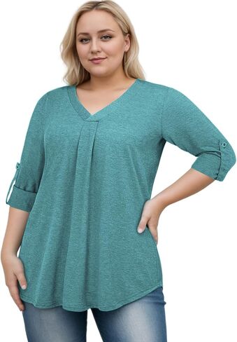 VISLILY Womens-Plus-Size-Dressy-Tops Casual V Neck T Shirts Cute Buttons Roll Up 3/4 Sleeves Tunics Flowy Pleated Blouses in Kuwait
