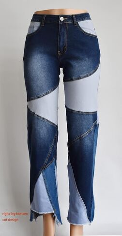 Aodrusa Women Patch Jeans Straight Leg Cut Bottom Raw Hem Y2k Denim Pants in Saudi Arabia