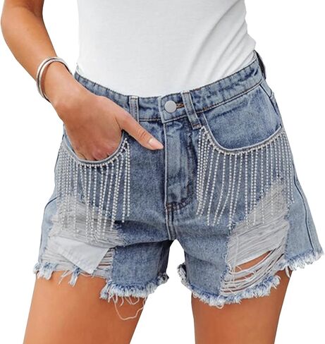 Women High Rise Ripped Denim Shorts Casual Stretch Tassels Raw Hem Jean Shorts in Saudi Arabia