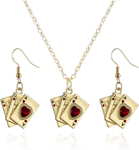 Playing Card Poker Earrings Necklace Sets for Women Lukcy Rock Ace of Spade Heart Royal Flush Games Earrings Vintage Poker Heart Earrings Gambling Casino Halloween Jewelry Gift in Kuwait