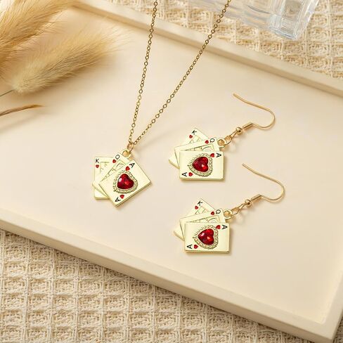 Playing Card Poker Earrings Necklace Sets for Women Lukcy Rock Ace of Spade Heart Royal Flush Games Earrings Vintage Poker Heart Earrings Gambling Casino Halloween Jewelry Gift in Kuwait