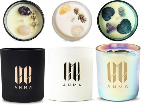 ANMA Luxury Candles Bundle - Ocean Breeze, Pink Champagne & One Night in Medellin Fragrances - Handcrafted Soy Wax Candles with Precious Stones & Botanicals - 150 Hours of Aromatherapy Bliss in Saudi Arabia