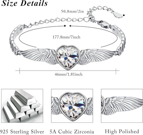 Women's Heart Bracelet Link Bracelets 12 Birthstone Bangle Charm S925 Sterling Silver Adjustable Bracelet Dainty Angel Wings Jewelry Gifts for Women Teen Girls in Kuwait