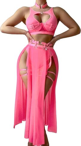 Sexy Cutout Ring Strappy Underwire Sheer Mesh Choker Garter Belt Skirt Lingerie Set 6 Piece in Saudi Arabia