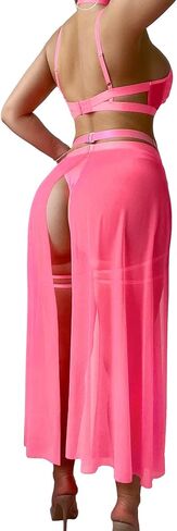 Sexy Cutout Ring Strappy Underwire Sheer Mesh Choker Garter Belt Skirt Lingerie Set 6 Piece in Saudi Arabia