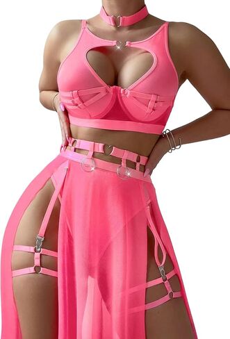 Sexy Cutout Ring Strappy Underwire Sheer Mesh Choker Garter Belt Skirt Lingerie Set 6 Piece in Saudi Arabia