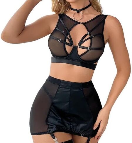 Sexy Cutout Ring Strappy Underwire Sheer Mesh Choker Garter Belt Skirt Lingerie Set 6 Piece in Saudi Arabia