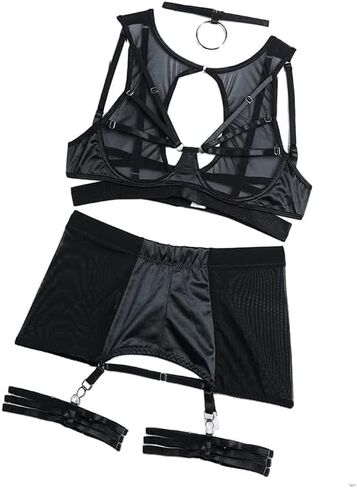 Sexy Cutout Ring Strappy Underwire Sheer Mesh Choker Garter Belt Skirt Lingerie Set 6 Piece in Saudi Arabia
