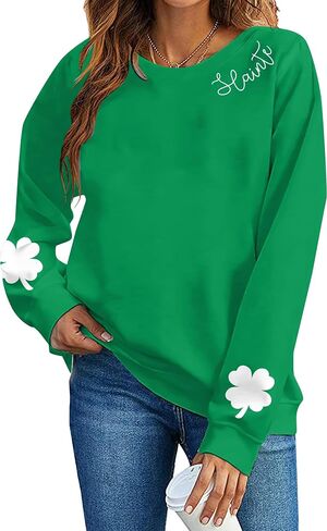 LOTUCY Slainte St. Patrick's Day Sweatshirt Women Irish Shamrock Long Sleeve Shirt Ireland Clover Crewneck Pullover Tops in Saudi Arabia