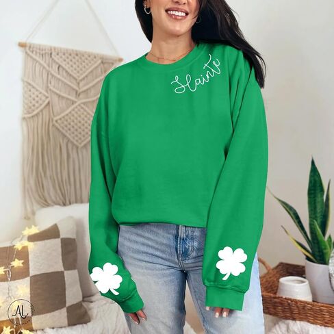 LOTUCY Slainte St. Patrick's Day Sweatshirt Women Irish Shamrock Long Sleeve Shirt Ireland Clover Crewneck Pullover Tops in Saudi Arabia
