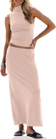 UEU Women Two Piece Skirt Set Summer Outfits Sexy Trendy Crop Sleeveless Tank Top High Waist Bodycon Maxi Long Dress in Kuwait