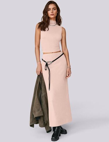 UEU Women Two Piece Skirt Set Summer Outfits Sexy Trendy Crop Sleeveless Tank Top High Waist Bodycon Maxi Long Dress in Kuwait