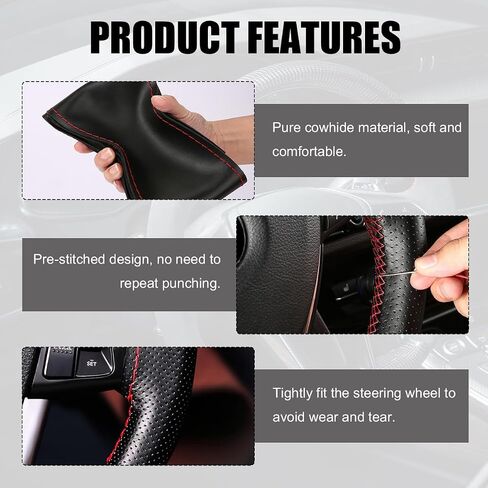 Genuine Leather Steering Wheel Cover, Stitch On Wrap for Steering Wheel up to Diameter 15 Inches, DIY Sewing Steering Wheel Protector, Car Accessories (Beige, Glossy) in Saudi Arabia