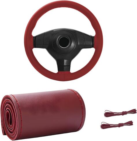 Genuine Leather Steering Wheel Cover, Stitch On Wrap for Steering Wheel up to Diameter 15 Inches, DIY Sewing Steering Wheel Protector, Car Accessories (Beige, Glossy) in Saudi Arabia