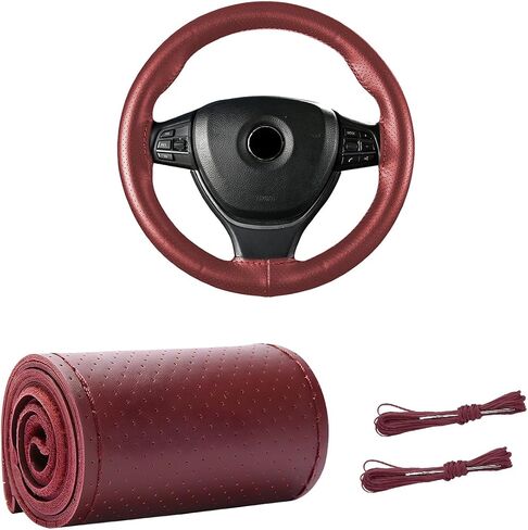 Genuine Leather Steering Wheel Cover, Stitch On Wrap for Steering Wheel up to Diameter 15 Inches, DIY Sewing Steering Wheel Protector, Car Accessories (Beige, Glossy) in Saudi Arabia