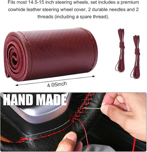 Genuine Leather Steering Wheel Cover, Stitch On Wrap for Steering Wheel up to Diameter 15 Inches, DIY Sewing Steering Wheel Protector, Car Accessories (Beige, Glossy) in Saudi Arabia