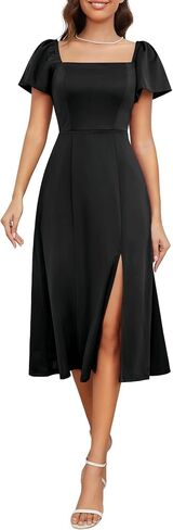 MUADRESS Women Midi Church Formal High Waist Wedding Guest Dresses A Line Dress Modest Short Puff Sleeve Party Dress in Saudi Arabia