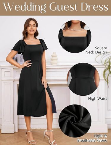 MUADRESS Women Midi Church Formal High Waist Wedding Guest Dresses A Line Dress Modest Short Puff Sleeve Party Dress in Saudi Arabia