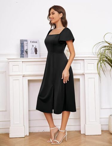 MUADRESS Women Midi Church Formal High Waist Wedding Guest Dresses A Line Dress Modest Short Puff Sleeve Party Dress in Saudi Arabia