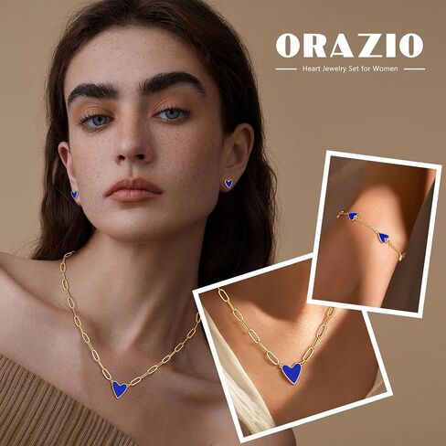 ORAZIO Jewelry Set for Women,Hypoallergenic 14K Gold Plated Pink/Black/Blue/White Heart Jewelry Set Trendy Heart Pendant Necklace Heart Charm Bracelet Cute Heart Earring Studs Dainty Women's Jewelry Sets Gift in Kuwait