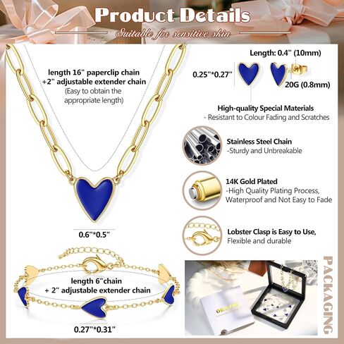 ORAZIO Jewelry Set for Women,Hypoallergenic 14K Gold Plated Pink/Black/Blue/White Heart Jewelry Set Trendy Heart Pendant Necklace Heart Charm Bracelet Cute Heart Earring Studs Dainty Women's Jewelry Sets Gift in Kuwait