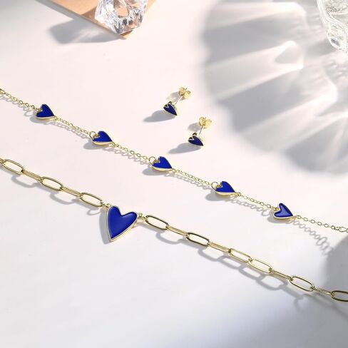 ORAZIO Jewelry Set for Women,Hypoallergenic 14K Gold Plated Pink/Black/Blue/White Heart Jewelry Set Trendy Heart Pendant Necklace Heart Charm Bracelet Cute Heart Earring Studs Dainty Women's Jewelry Sets Gift in Kuwait