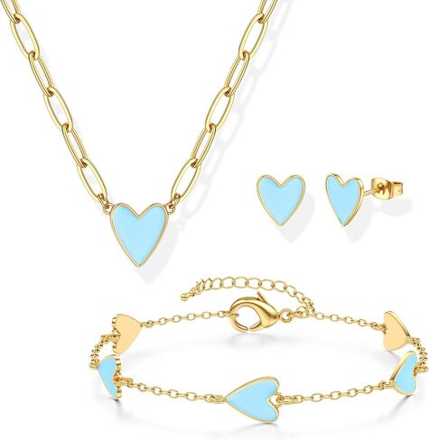 ORAZIO Jewelry Set for Women,Hypoallergenic 14K Gold Plated Pink/Black/Blue/White Heart Jewelry Set Trendy Heart Pendant Necklace Heart Charm Bracelet Cute Heart Earring Studs Dainty Women's Jewelry Sets Gift in Kuwait