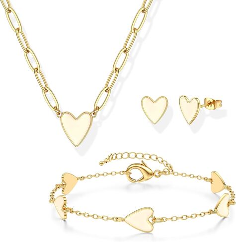 ORAZIO Jewelry Set for Women,Hypoallergenic 14K Gold Plated Pink/Black/Blue/White Heart Jewelry Set Trendy Heart Pendant Necklace Heart Charm Bracelet Cute Heart Earring Studs Dainty Women's Jewelry Sets Gift in Kuwait