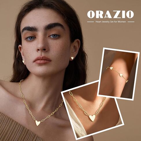 ORAZIO Jewelry Set for Women,Hypoallergenic 14K Gold Plated Pink/Black/Blue/White Heart Jewelry Set Trendy Heart Pendant Necklace Heart Charm Bracelet Cute Heart Earring Studs Dainty Women's Jewelry Sets Gift in Kuwait