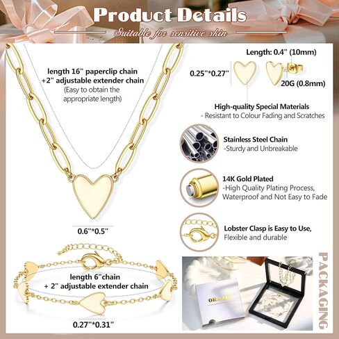 ORAZIO Jewelry Set for Women,Hypoallergenic 14K Gold Plated Pink/Black/Blue/White Heart Jewelry Set Trendy Heart Pendant Necklace Heart Charm Bracelet Cute Heart Earring Studs Dainty Women's Jewelry Sets Gift in Kuwait
