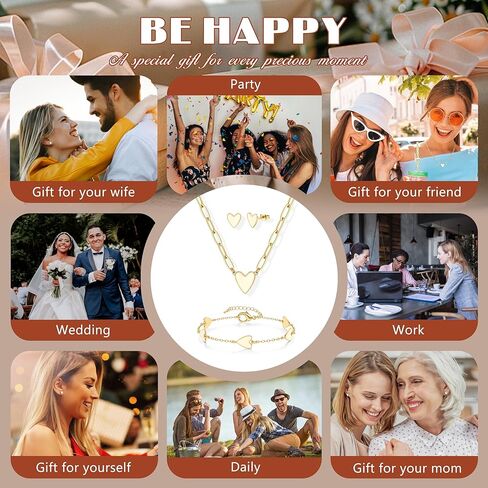 ORAZIO Jewelry Set for Women,Hypoallergenic 14K Gold Plated Pink/Black/Blue/White Heart Jewelry Set Trendy Heart Pendant Necklace Heart Charm Bracelet Cute Heart Earring Studs Dainty Women's Jewelry Sets Gift in Kuwait