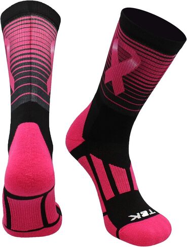 TCK Sublimated Pink Ribbon Breast Cancer Awareness Crew Socks with Stripes for Football Basketball Lacrosse Boys Girls Men in Kuwait